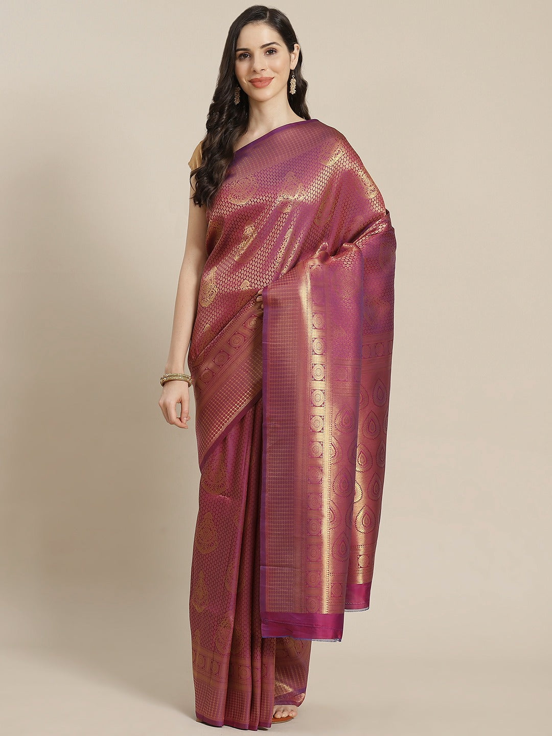 Kanjivaram Violet Silk Saree With Golden Pattern