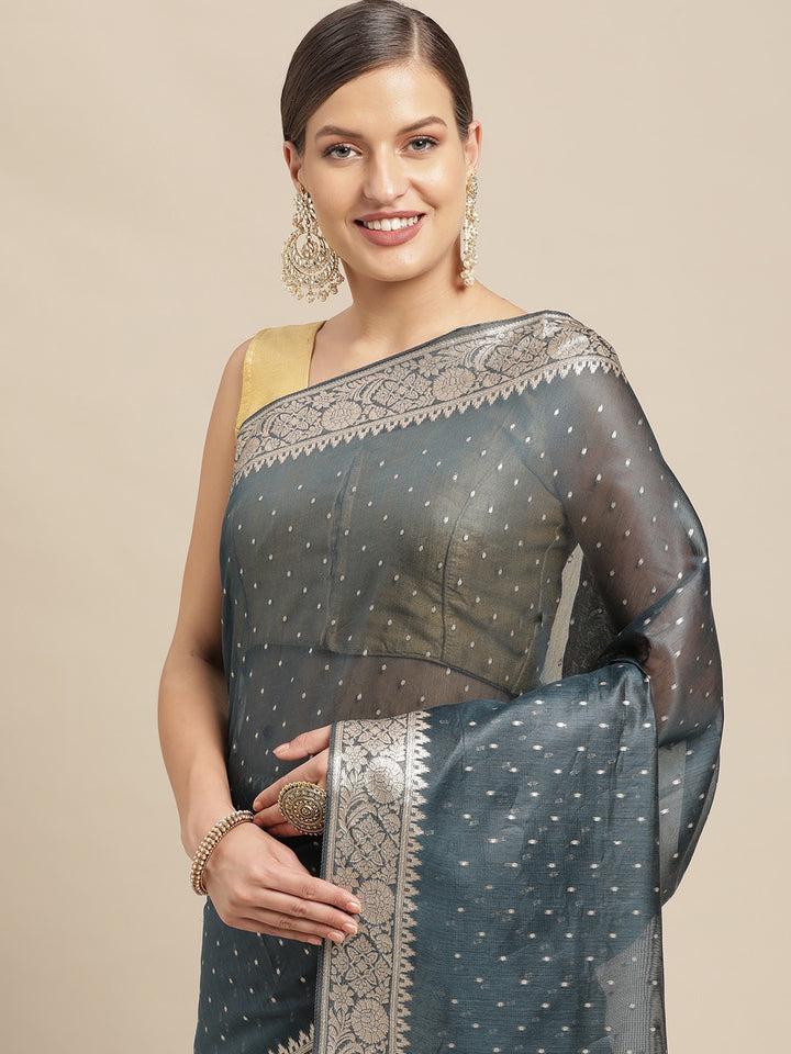 Kanjivaram Black Silk Saree With Silver Pattern