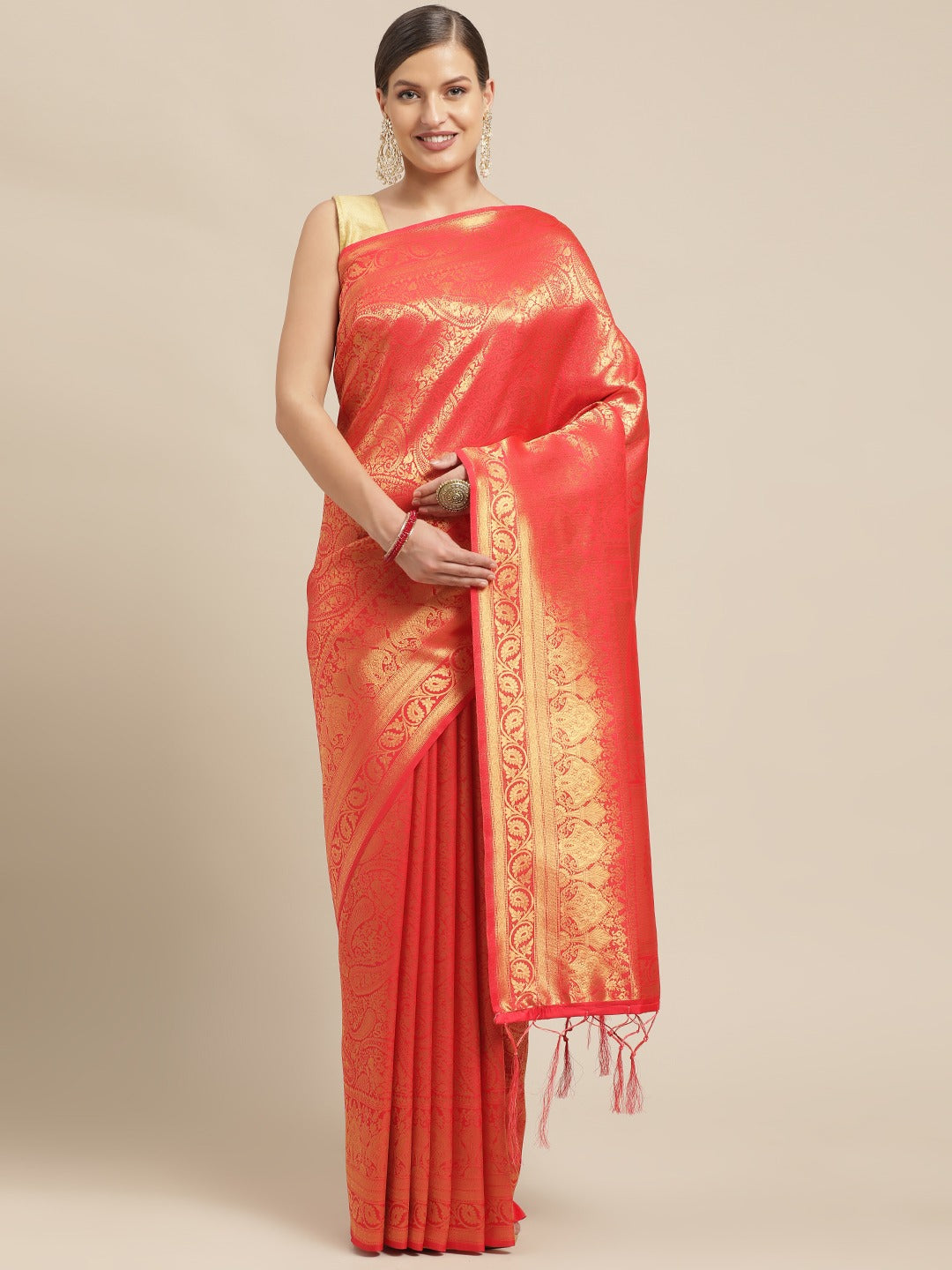 Kanjivaram Red  Silk Saree With Golden Pattern