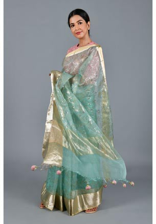 Festive/ Party/ Sangeet/ Wedding Brocade Work Saree In Green/ Blue Color