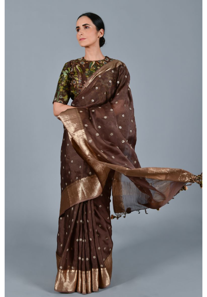 Festive/ Party/ Sangeet/ Wedding Brocade Work Saree In Brown Color