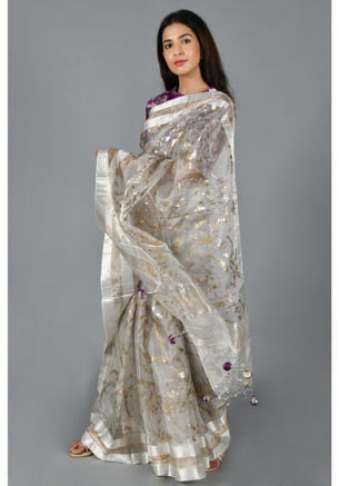Festive/ Party/ Sangeet/ Wedding Brocade Work Saree In Grey Color