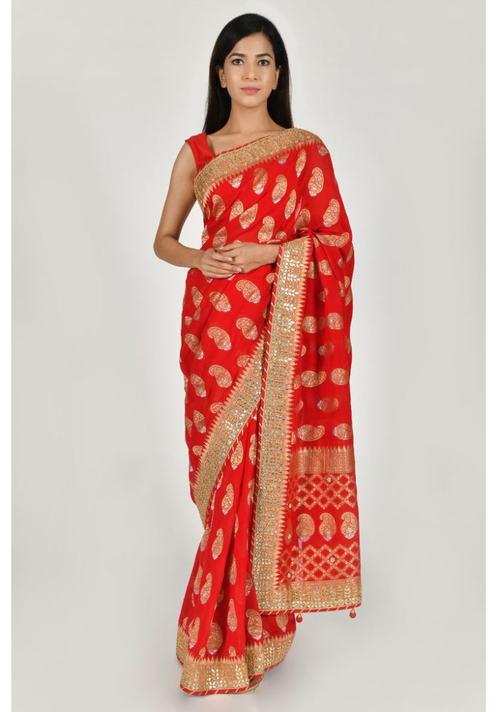 Festive/ Party/ Sangeet/ Wedding Brocade Work Saree In Red/ Yellow Color