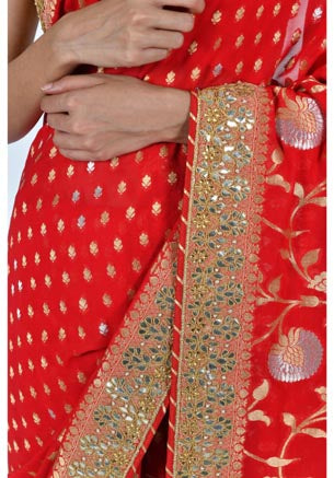 Festive/ Party/ Sangeet/ Wedding Brocade Work Saree In Red/ Purple/ Yellow Color