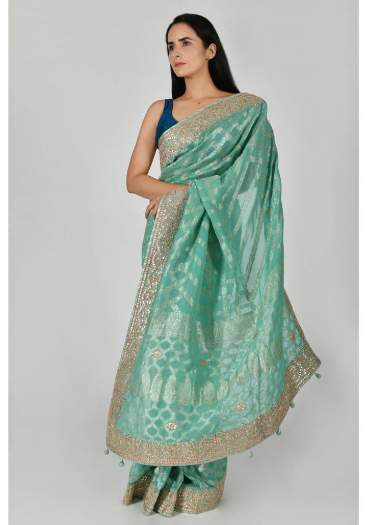 Festive/ Party/ Sangeet/ Wedding Brocade Work Saree In Green/ Yellow/ Blue Color