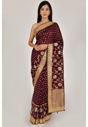 Festive/ Party/ Sangeet/ Wedding Brocade Work Saree In Red/ Purple/ Yellow Color
