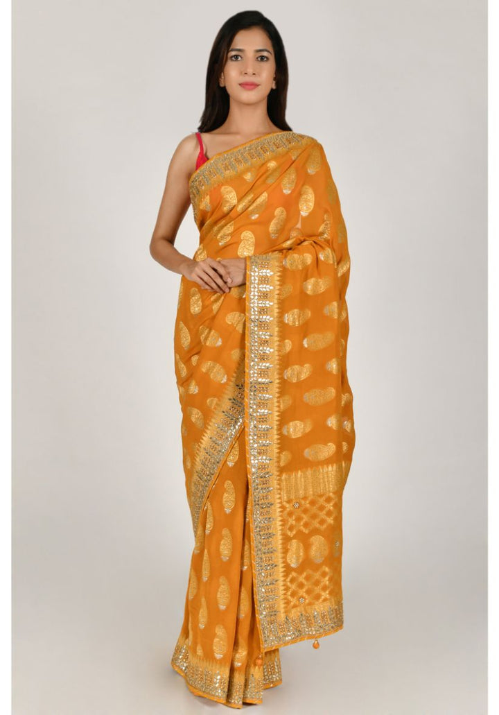Festive/ Party/ Sangeet/ Wedding Brocade Work Saree In Red/ Yellow Color