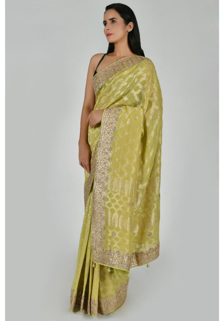 Festive/ Party/ Sangeet/ Wedding Brocade Work Saree In Green/ Yellow/ Blue Color