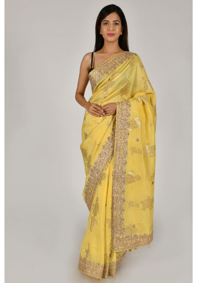 Festive/ Party/ Sangeet/ Wedding Brocade Work Saree In Yellow/ Turquoise  Color