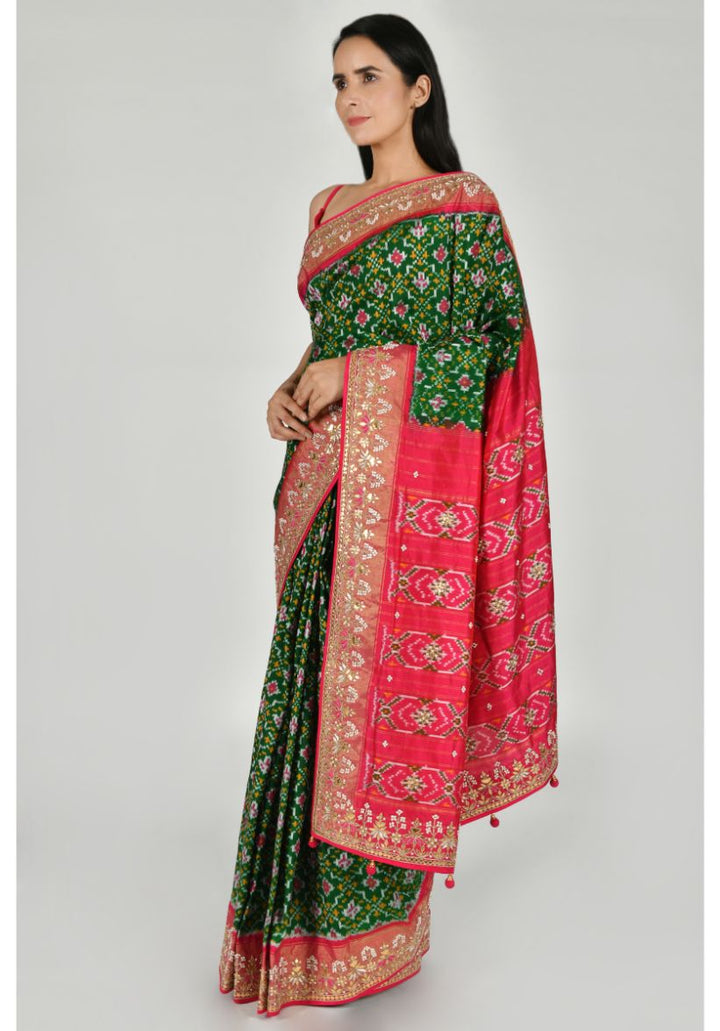 Festive/ Party/ Sangeet/ Wedding Gota Work Saree In Dark Green & Pink Color