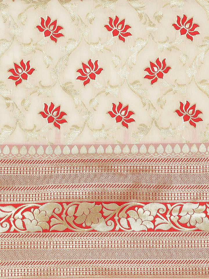 Kanjivaram Cream Color Silk Saree With Red Pattern