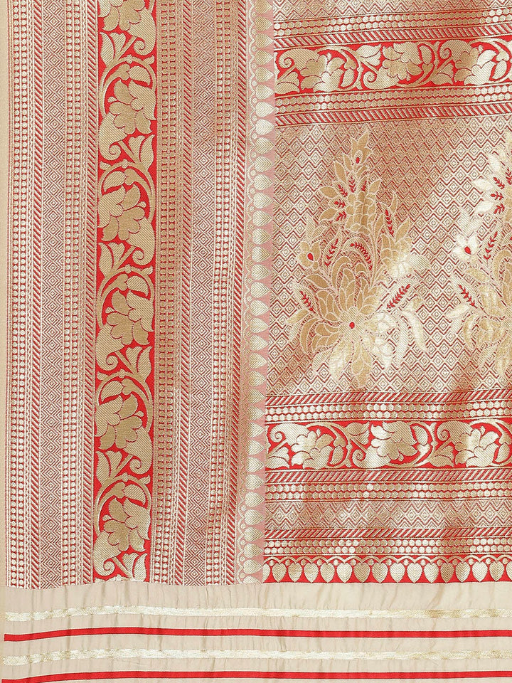 Kanjivaram Cream Color Silk Saree With Red Pattern