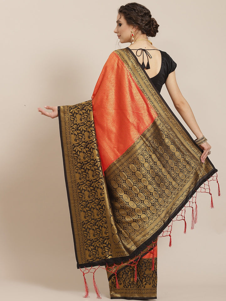 Kanjivaram Red Silk Saree With Black & Golden Mix