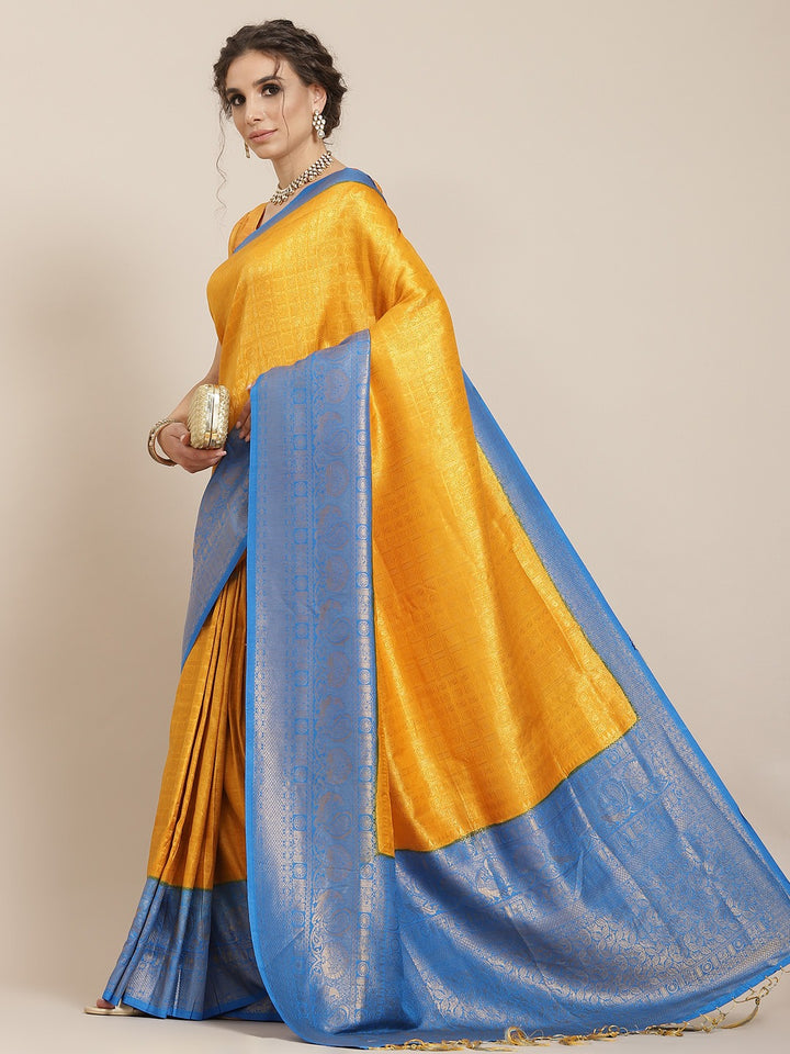 Kanjivaram Blue Silk Saree with Yellow Mix
