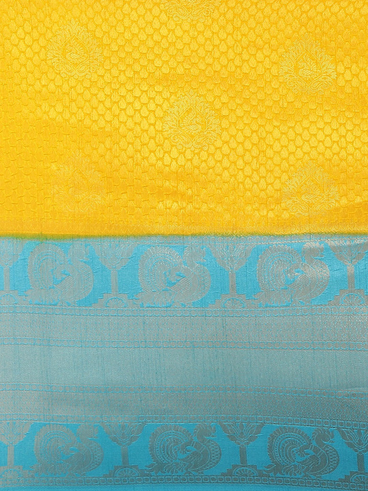 Kanjivaram Yellow Silk Saree With Blue Mix