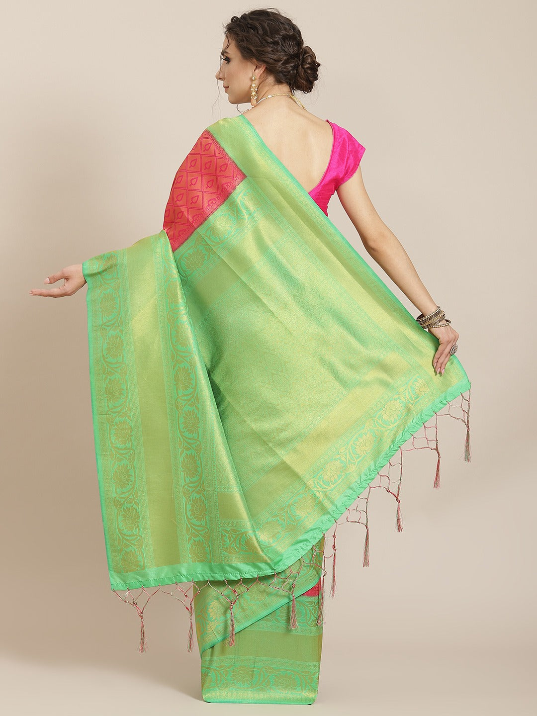 Kanjivaram Pink Silk Saree with Green Mix