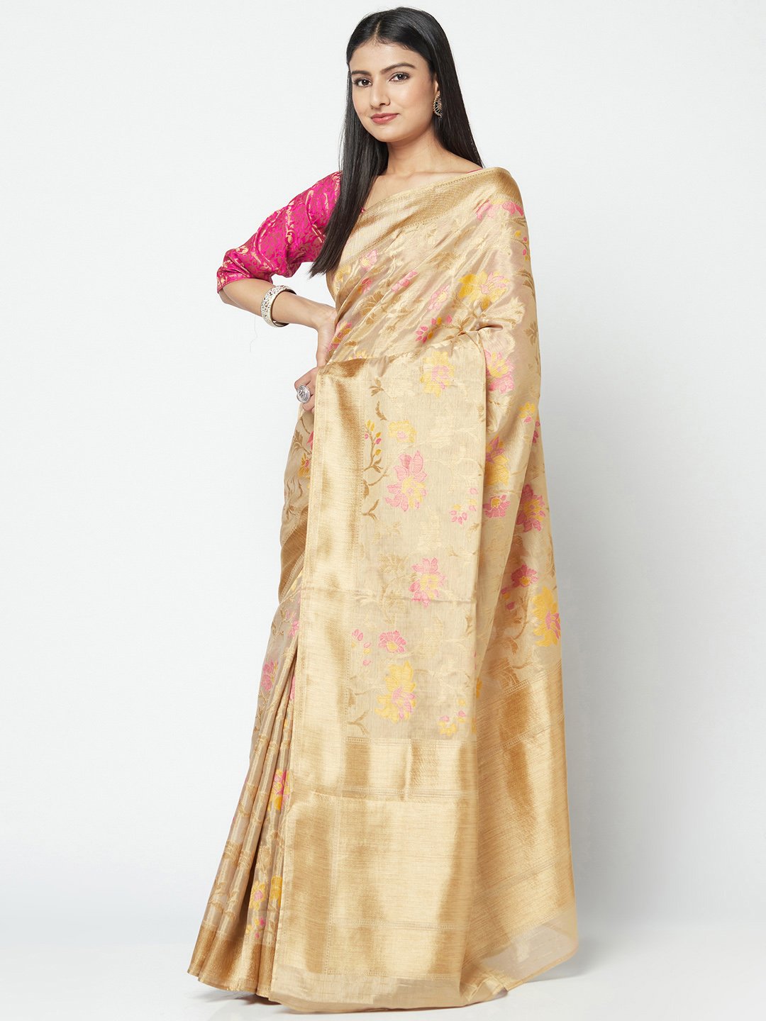 Shop Handloom Saree In Beige Colour With Minakari Work which is Saree online at simaaya At