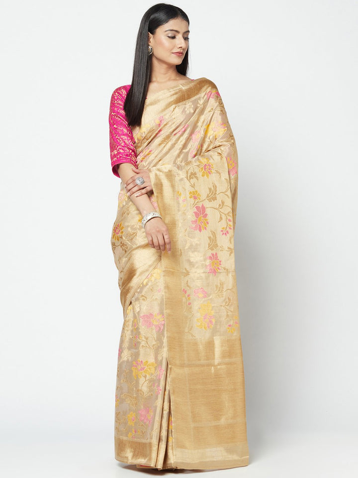 Handloom Saree In Beige Color With Minakari Work