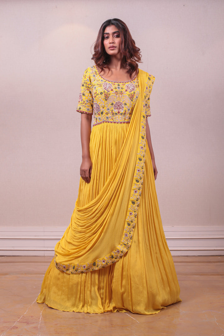 Designer Yellow color Hand Embroidered Gown