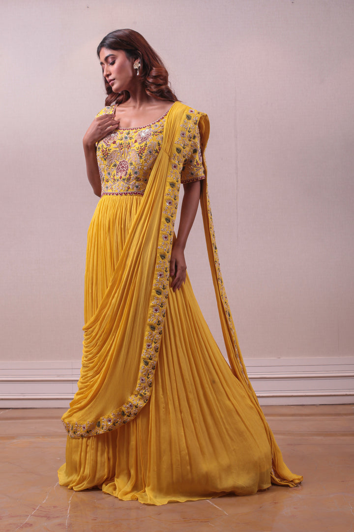 Designer Yellow color Hand Embroidered Gown