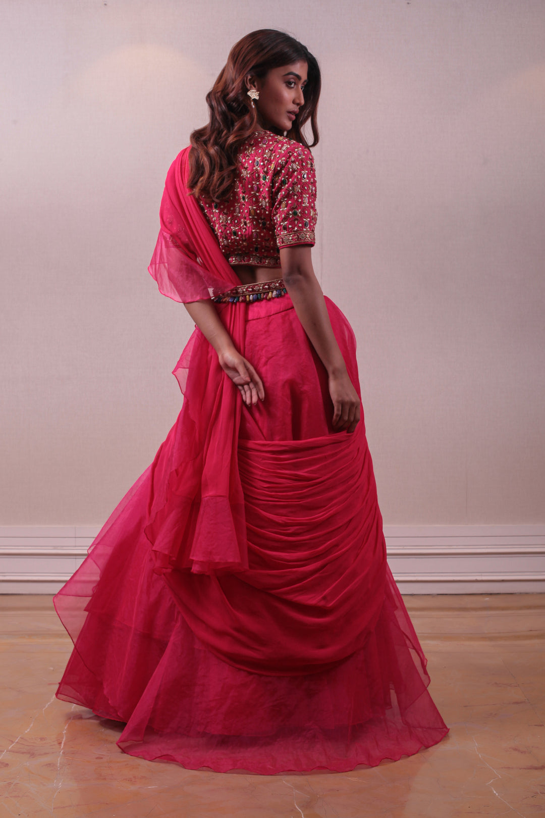 Fuchsia Pink Designer Drape Lehenga