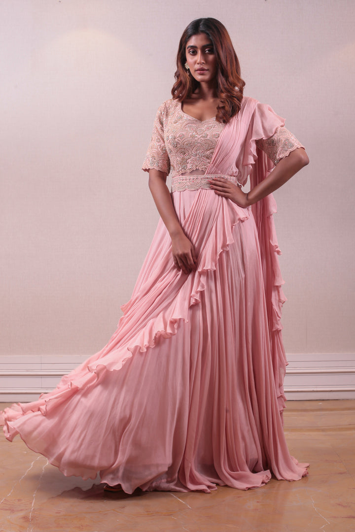Designer Rosy Pink Draped Flare saree Set