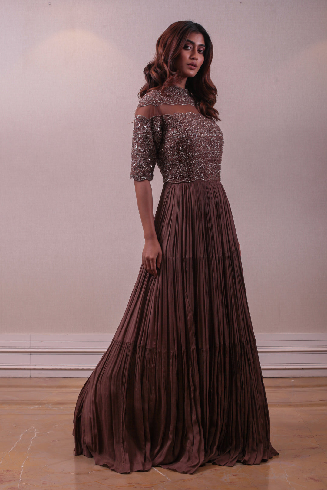 Designer Brown Chiffon Layered Gown With Embedded