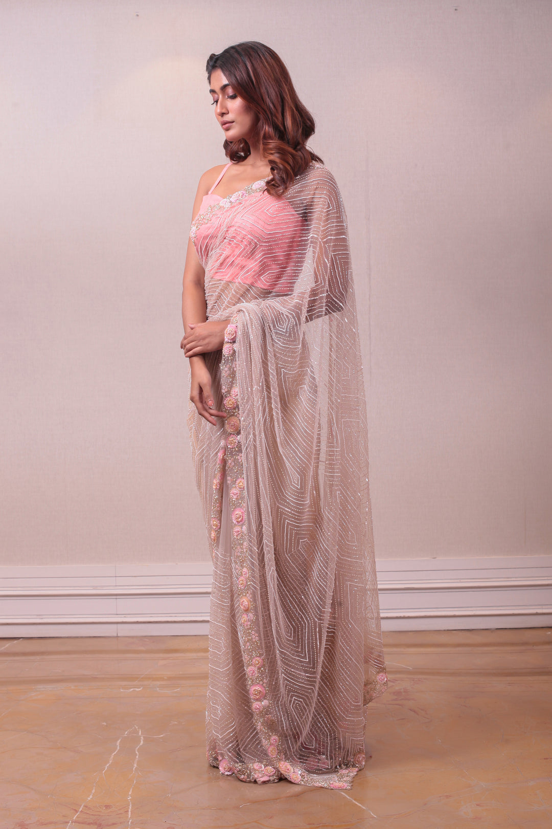 Designer Light pink Emerald Net Saree