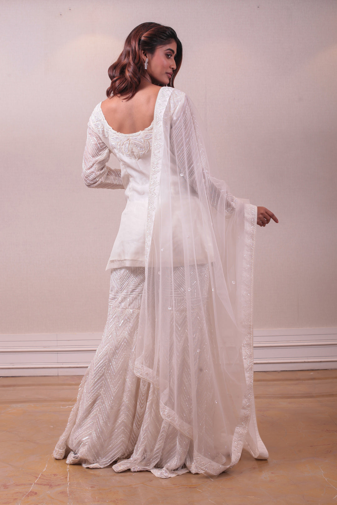 Designer White Net Embellished Sharara Set