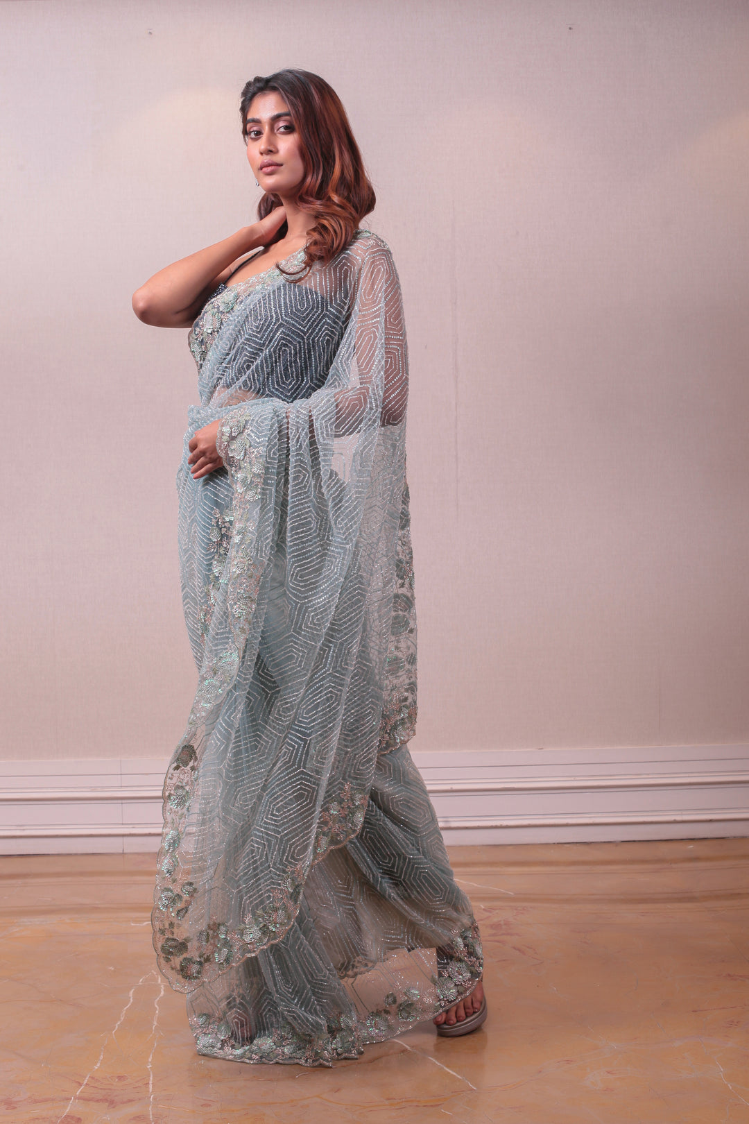 Designer Sky Blue Net Embellished Saree