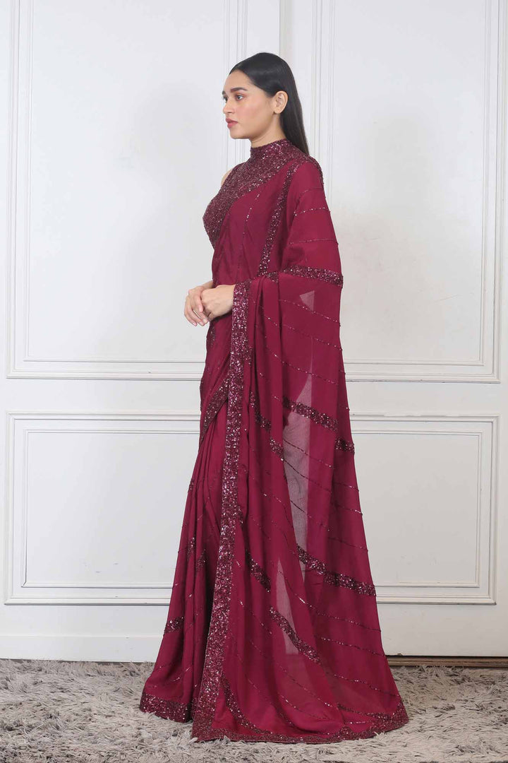 Saree in Wine color with Stitched blouse at online Simaaya