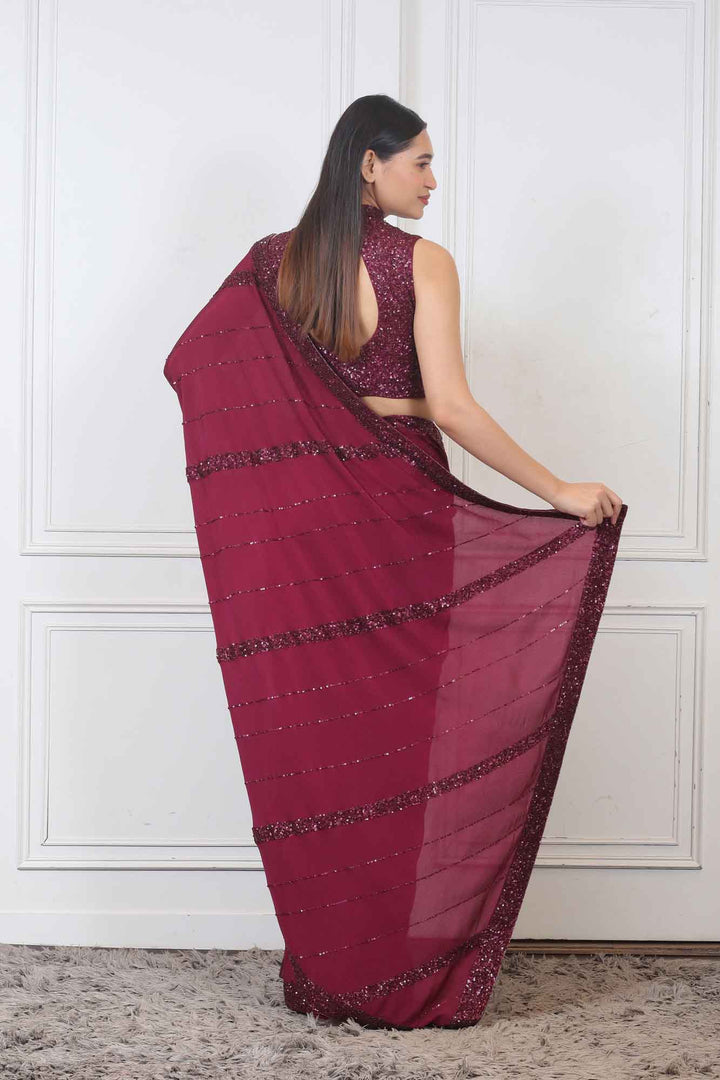 Saree in Wine color with Stitched blouse at online Simaaya