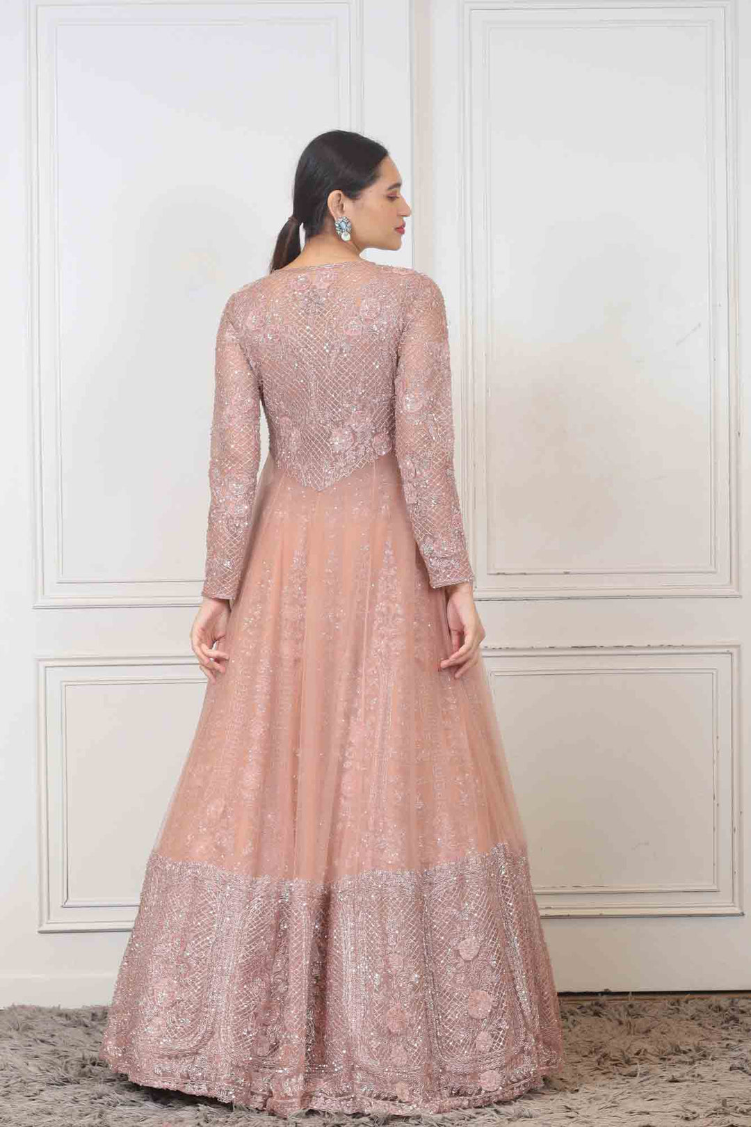 Party wear Gown in Peach color with cape at online Simaaya