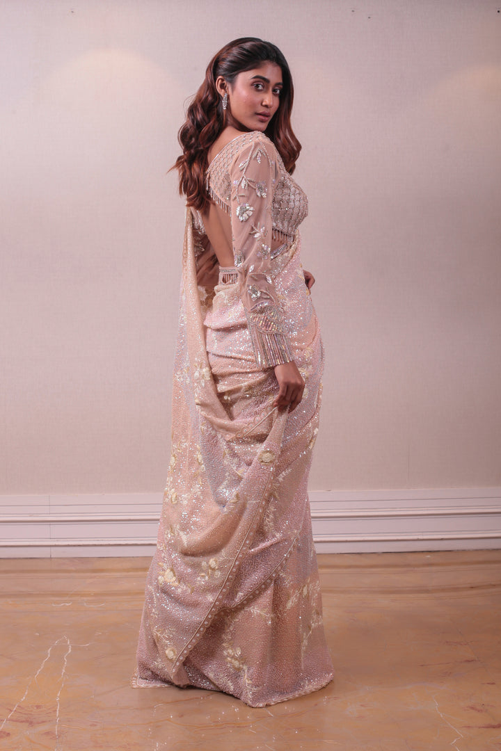 Designer Purssian pink satin saree
