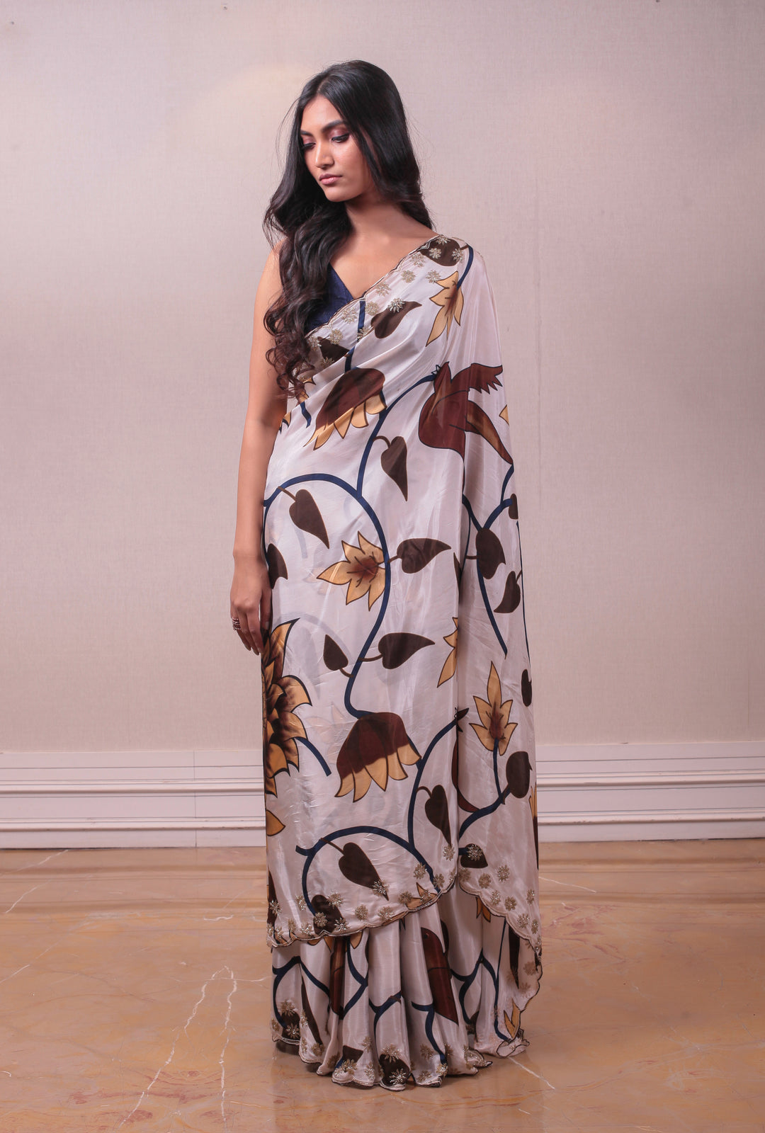 Designer White Brown Satin Embellished Saree