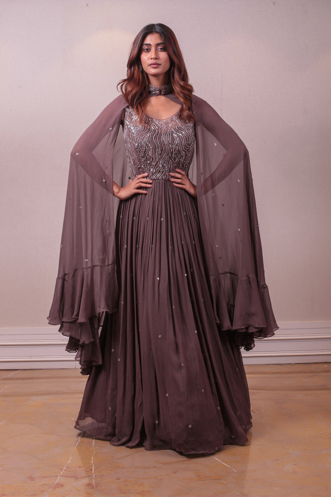 Designer Brown Cape Gown Emblished Chiffon
