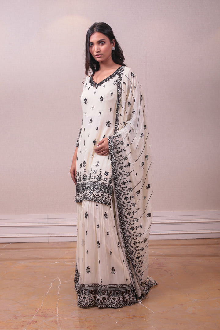 Designer White Black Georgette Embodied Sharara Set