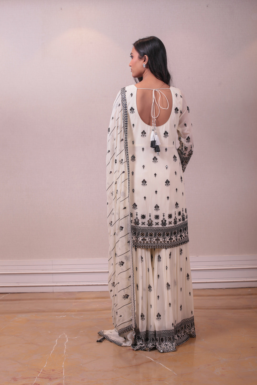 Designer White Black Georgette Embodied Sharara Set