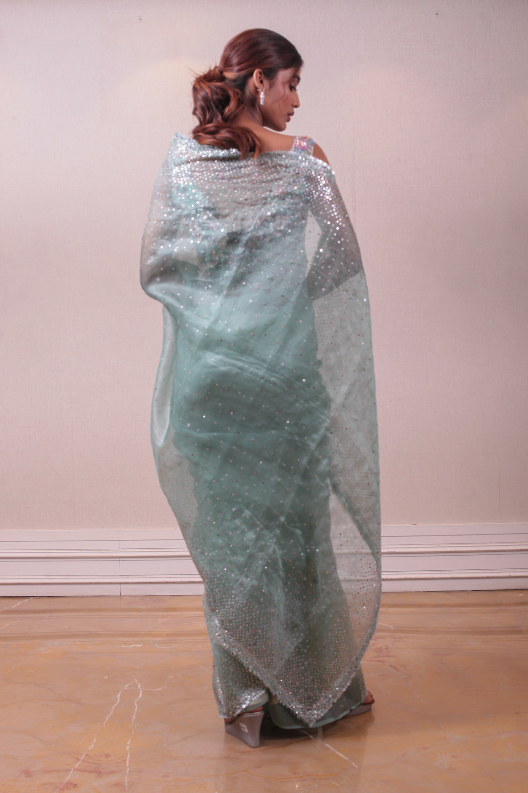 Designer Blue Sequins embodied on organza Saree