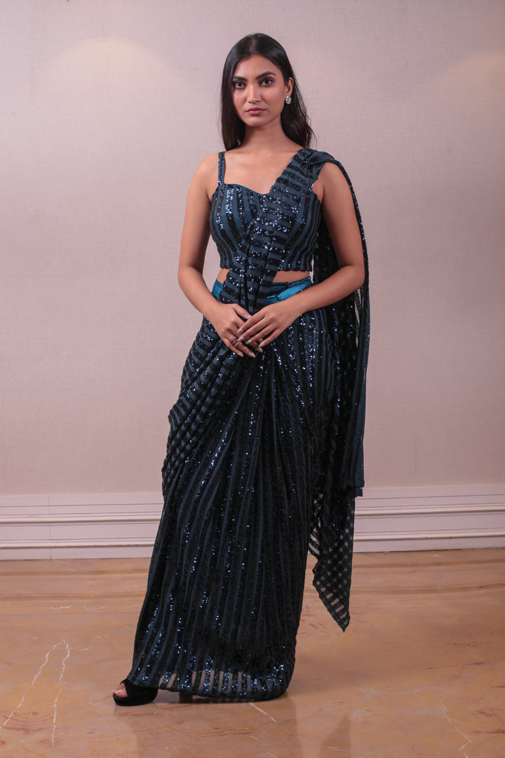 Designer Blackish Blue Net Embodied Saree