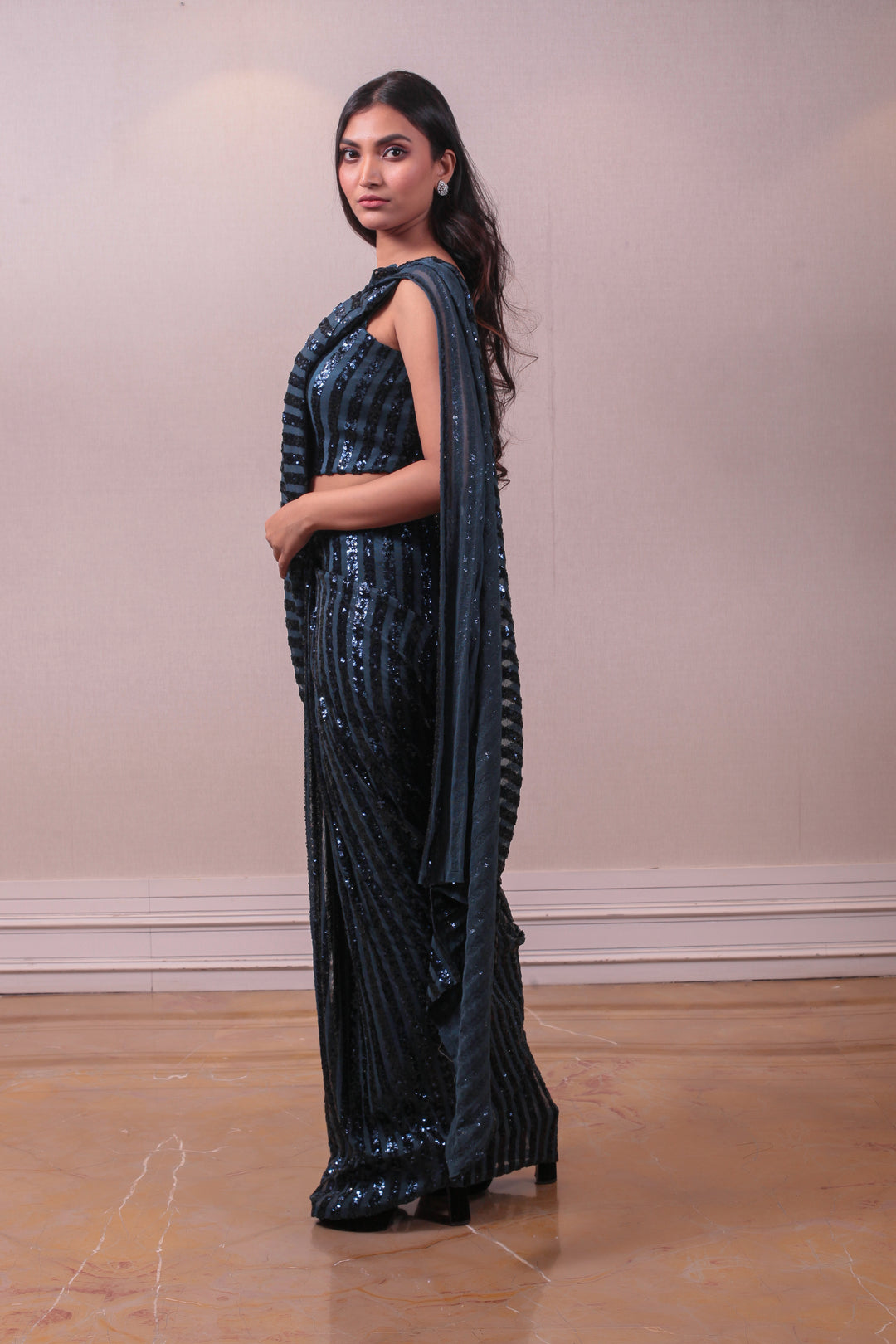 Designer Blackish Blue Net Embodied Saree