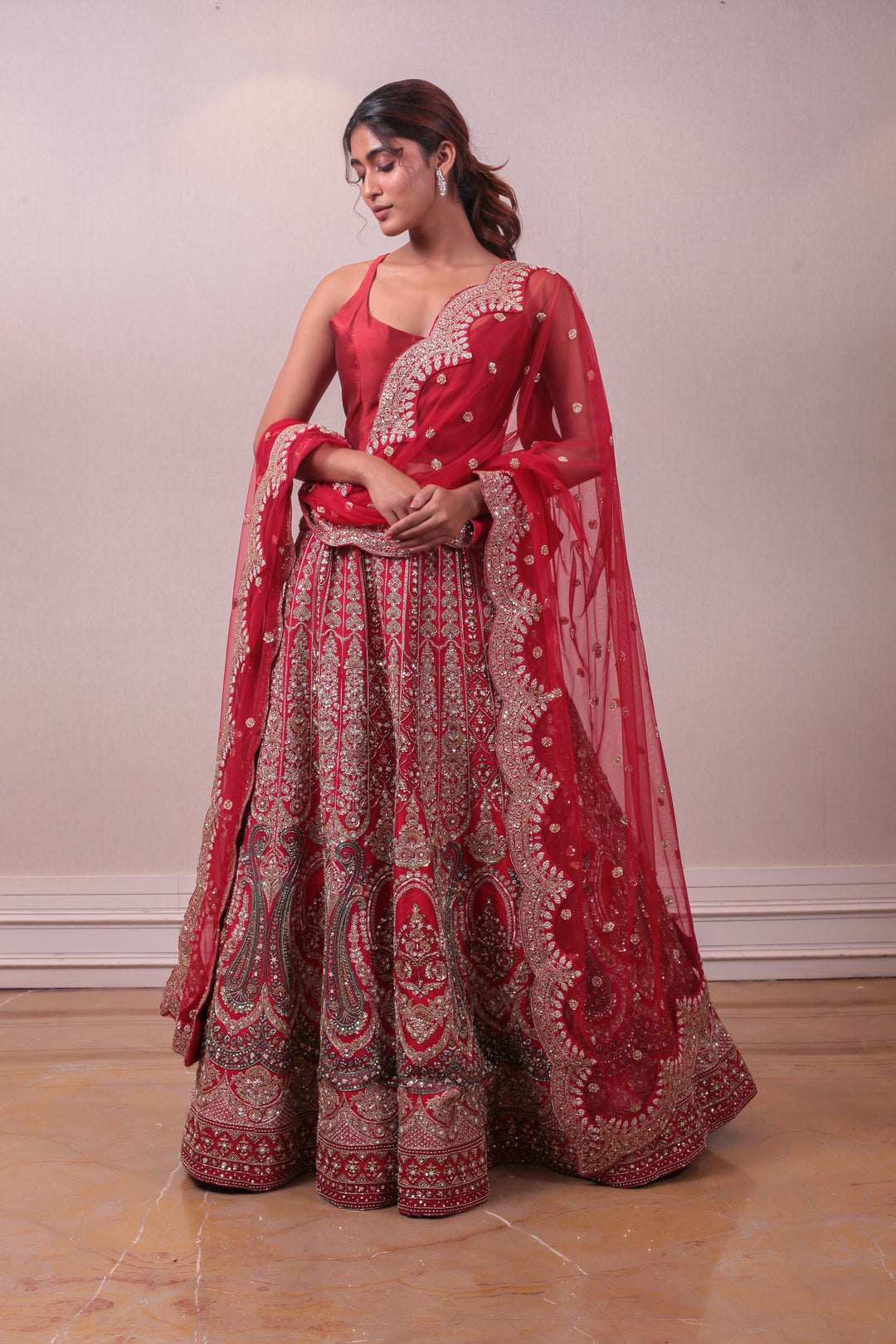 Designer Red Raw Silk Lehenga with Net Dupatta