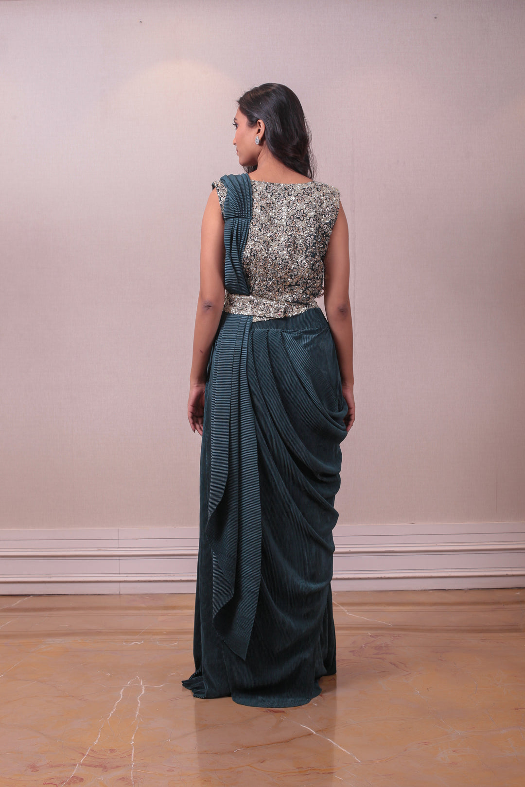 Designer Green Lycra Drape Saree Embedded Blouse