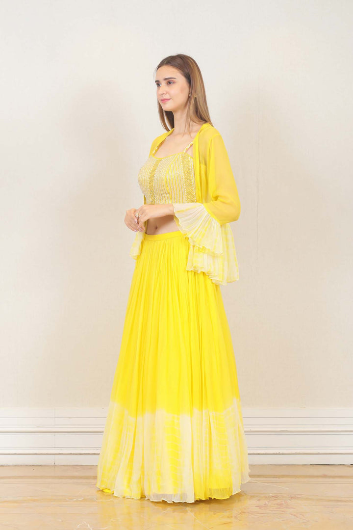 Party wear Lehenga with Cape in Yellow Color at online Simaaya