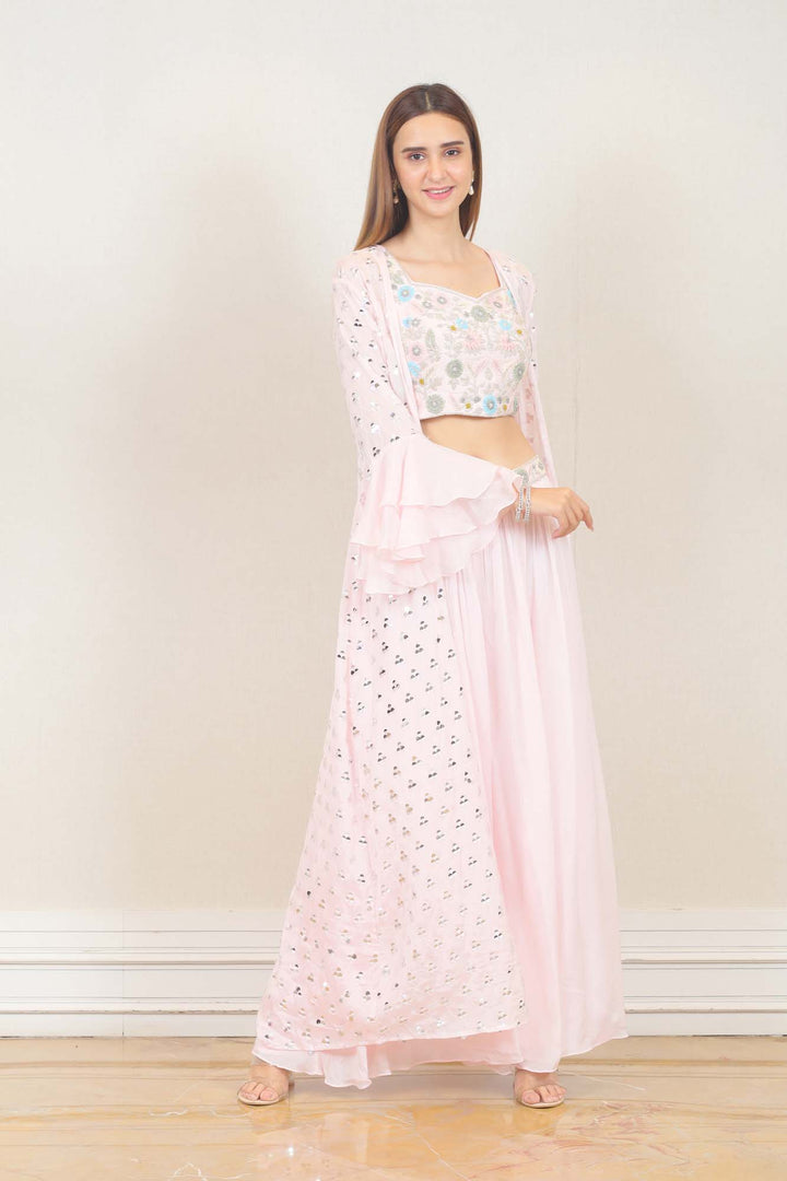 Party wear Lehenga with Cape in Light Pink Color at online Simaaya
