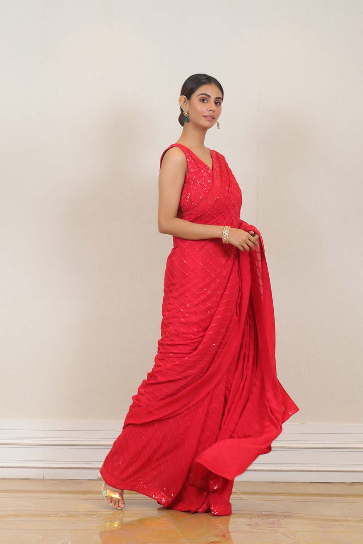 Party Wear Saree in Red color at online Simaaya