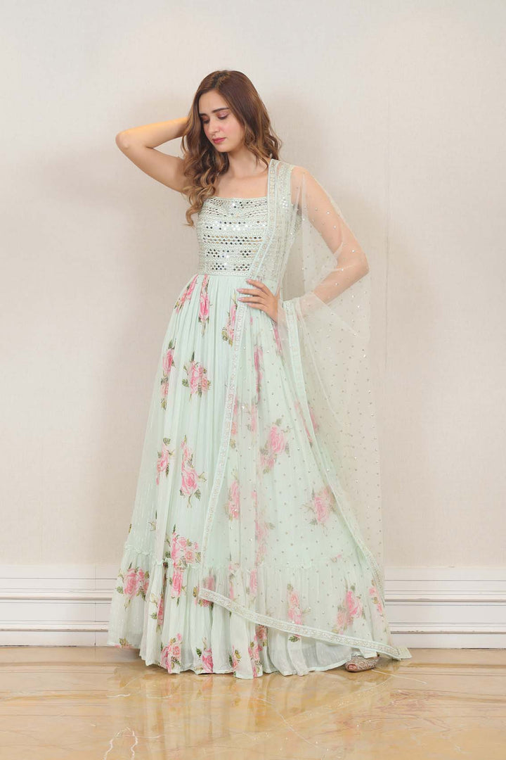 Party wear Gown in Light Green color  with Cape at online Simaaya