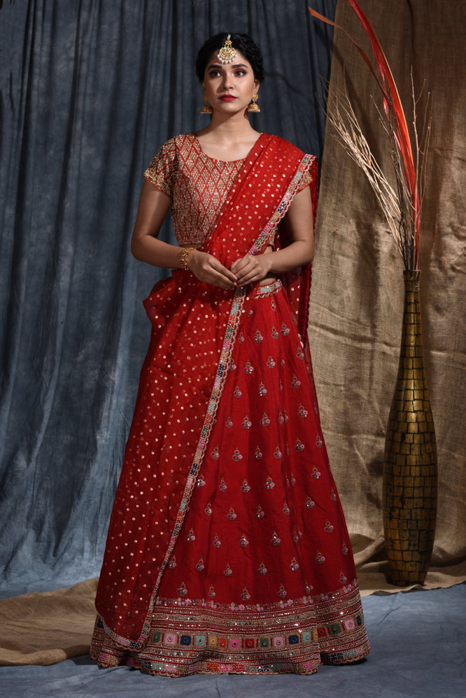 Wedding Embroidery Work Lehenga Set In Red Colour