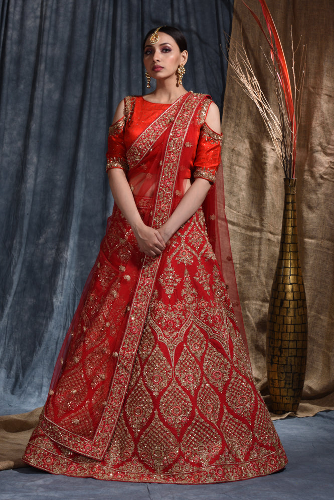 Wedding Embroidery Work Lehenga Set In Red Color