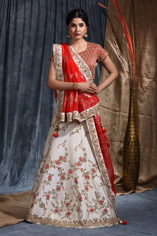 Wedding Embroidery Work Lehenga Set In White & Red Color